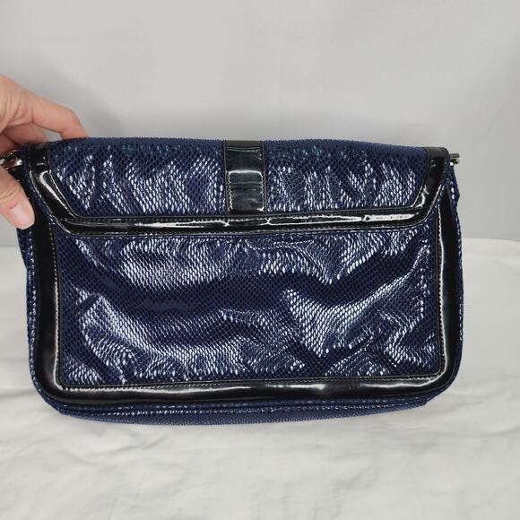 White House Black Market Blue Snakeskin pattern with Black Trim Shoulder Purse - Picture 4 of 15